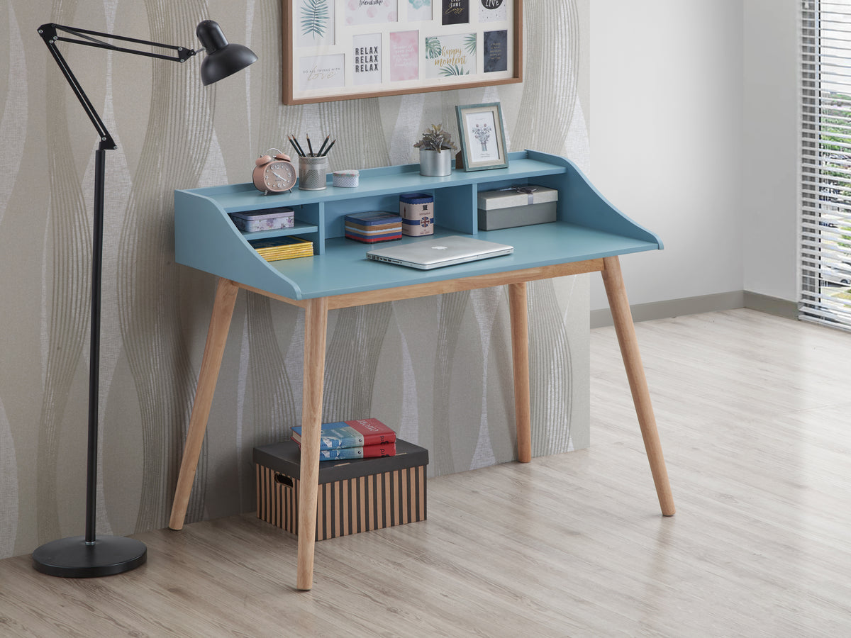 Roskilde Mid-Century Modern Wood Writing Desk with Hutch, Blue - Grand Goldman