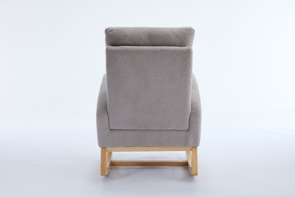 015B-Teddy Fabric Leisure Rocking Chair,Nursery Rocking Chair With Adjustable Footstool,Thickened Headrest And High Backrest, Storage Pocket On The Right Side,The Base Rocker Is Solid Wood,Light Gray - Grand Goldman Shop
