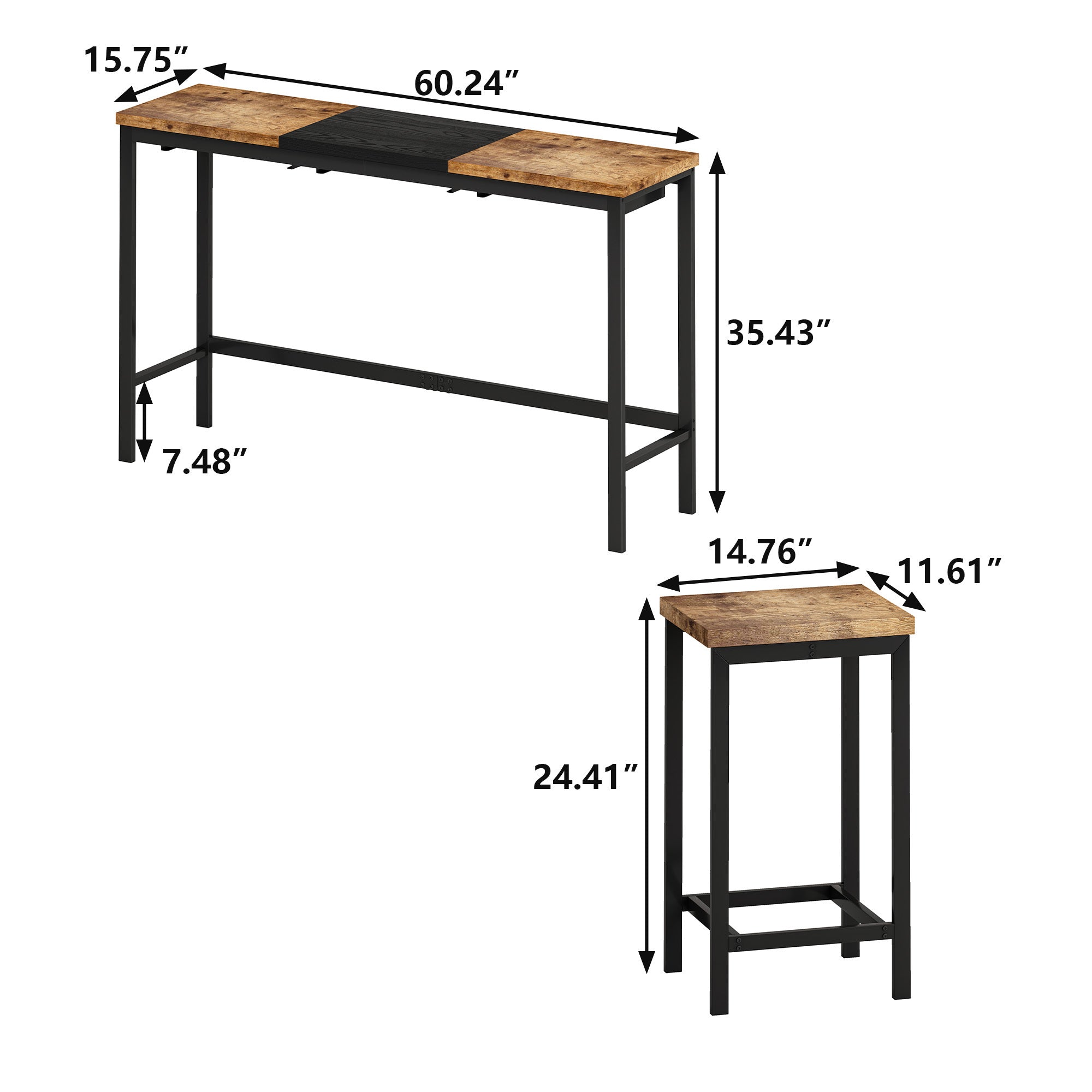 Modern Design Kitchen Dining Table, Pub Table, Long Dining Table Set with 3 Stools, Convenient Hanging Stool Design, Natural+Black,(Same SKU:W757P146463) - Grand Goldman Shop