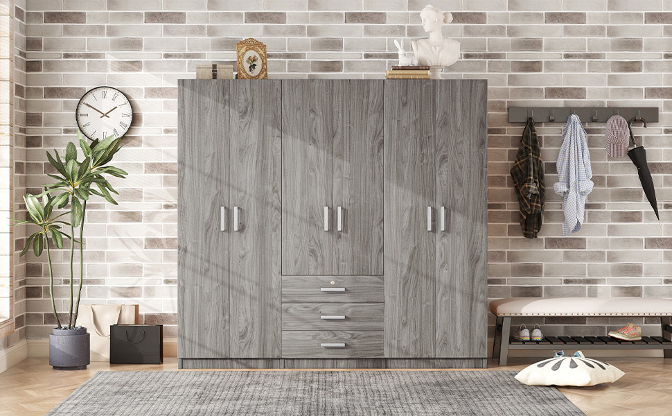 6-Doors Wooden Wardrobe Storage for Bedroom, with Big Drawers, Gray - Grand Goldman Shop