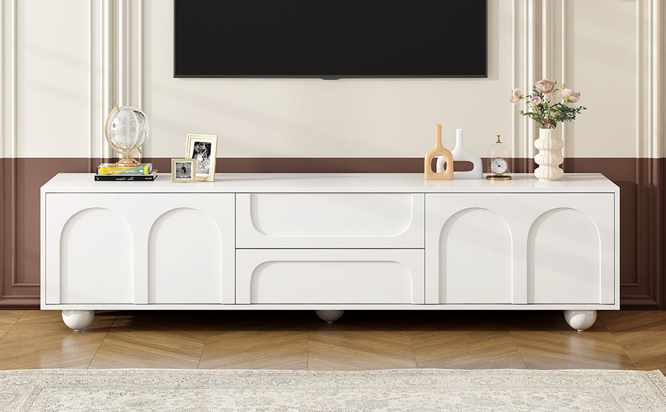 ON-TREND Cream Style TV Stand with Arched Doors & 2 Drawers for TVs up to 75', Minimalist Media Console with Rebound Device, Entertainment Center with 5 Iron Round Legs for Living Room, Bedroom, White - Grand Goldman Shop
