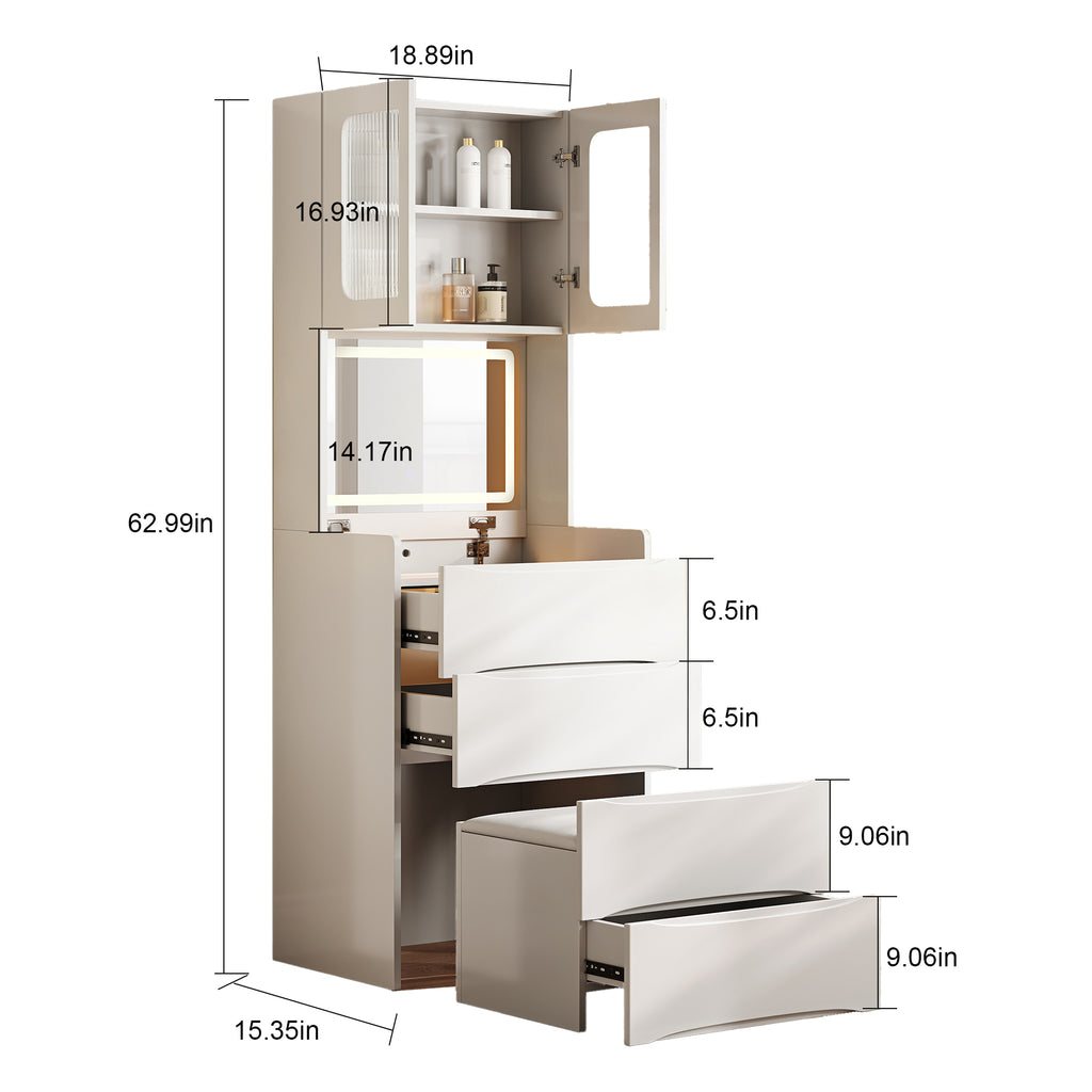 3-in-1 Vanity Table with LED Mirror & Storage Stool, Flip Top Makeup Dressing Table with Adjustable Lights, 5 Storage Spaces Cosmetic Organizer for Bedroom - Grand Goldman Shop