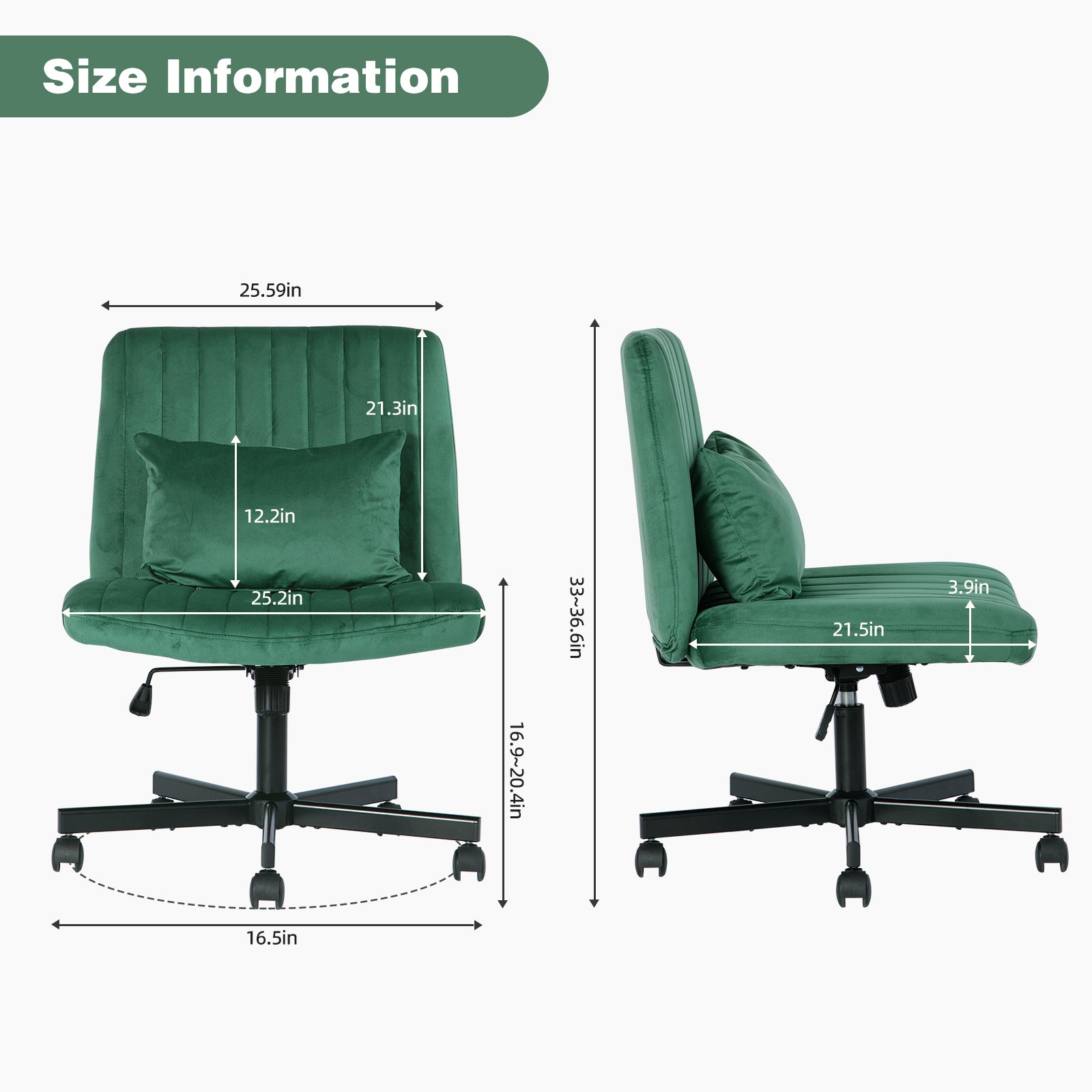 Green Velvet Criss Cross Armless Office Chair with Wheels - Comfortable & Stylish for Home Office, Meditation, and Makeup Use