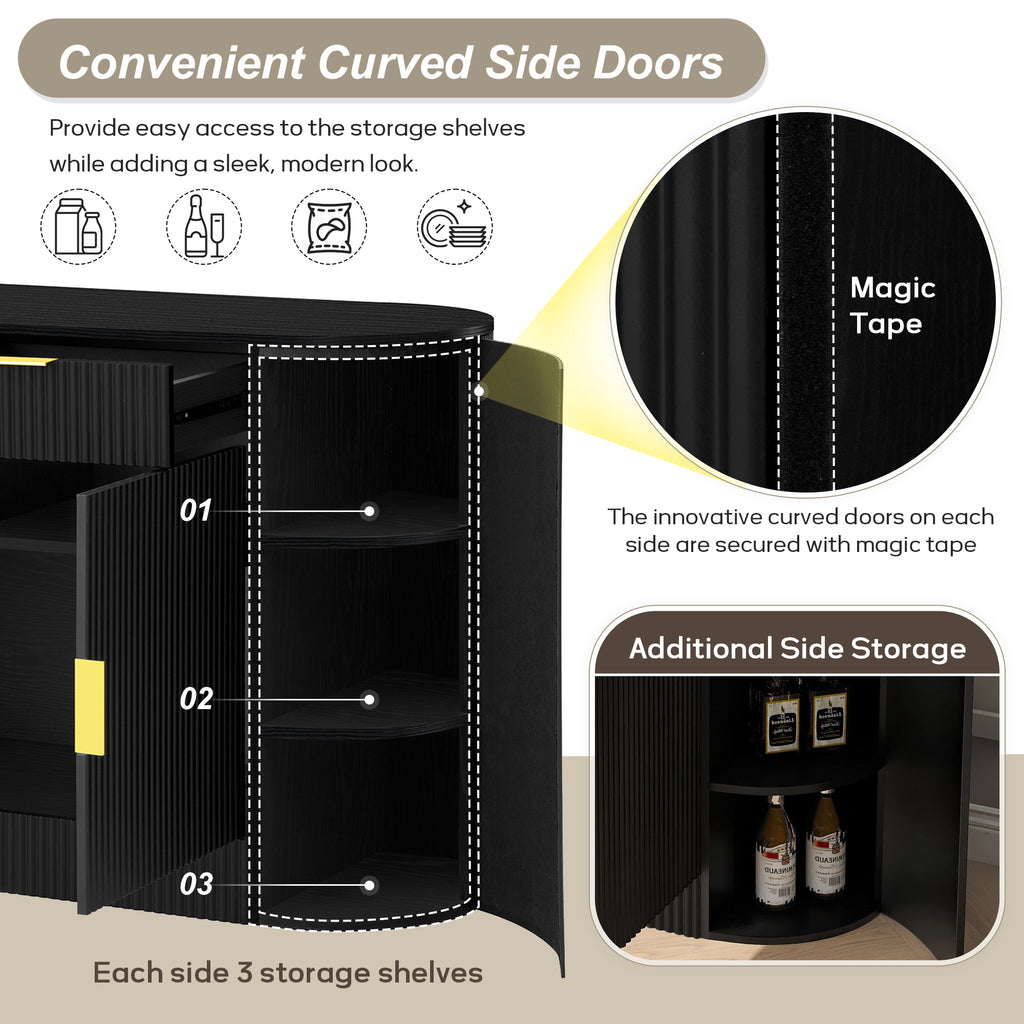 U_STYLE 55.1' Modern Storage Cabinet – 2 Doors & 2 Drawers, Stripe MDF Sideboard with Aluminum Handles, Curved Side Door & 3-Tier Shelves, Buffet Cabinet for Living Room, Bedroom, Dining Room - Grand Goldman Shop