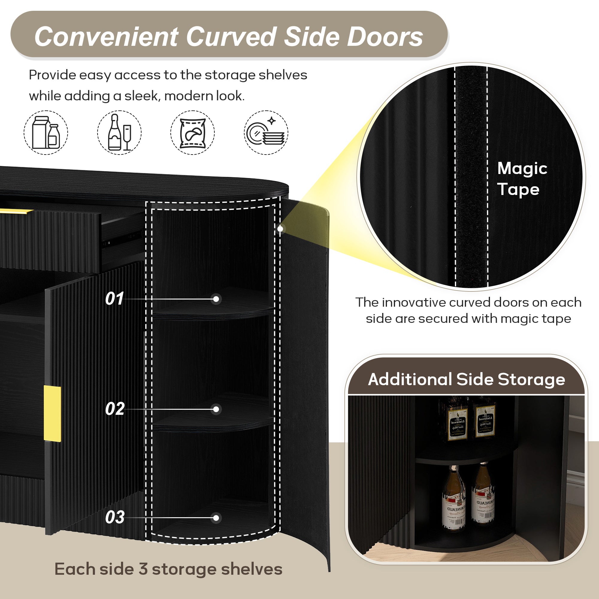 U_STYLE 55.1' Modern Storage Cabinet – 2 Doors & 2 Drawers, Stripe MDF Sideboard with Aluminum Handles, Curved Side Door & 3-Tier Shelves, Buffet Cabinet for Living Room, Bedroom, Dining Room - Grand Goldman Shop