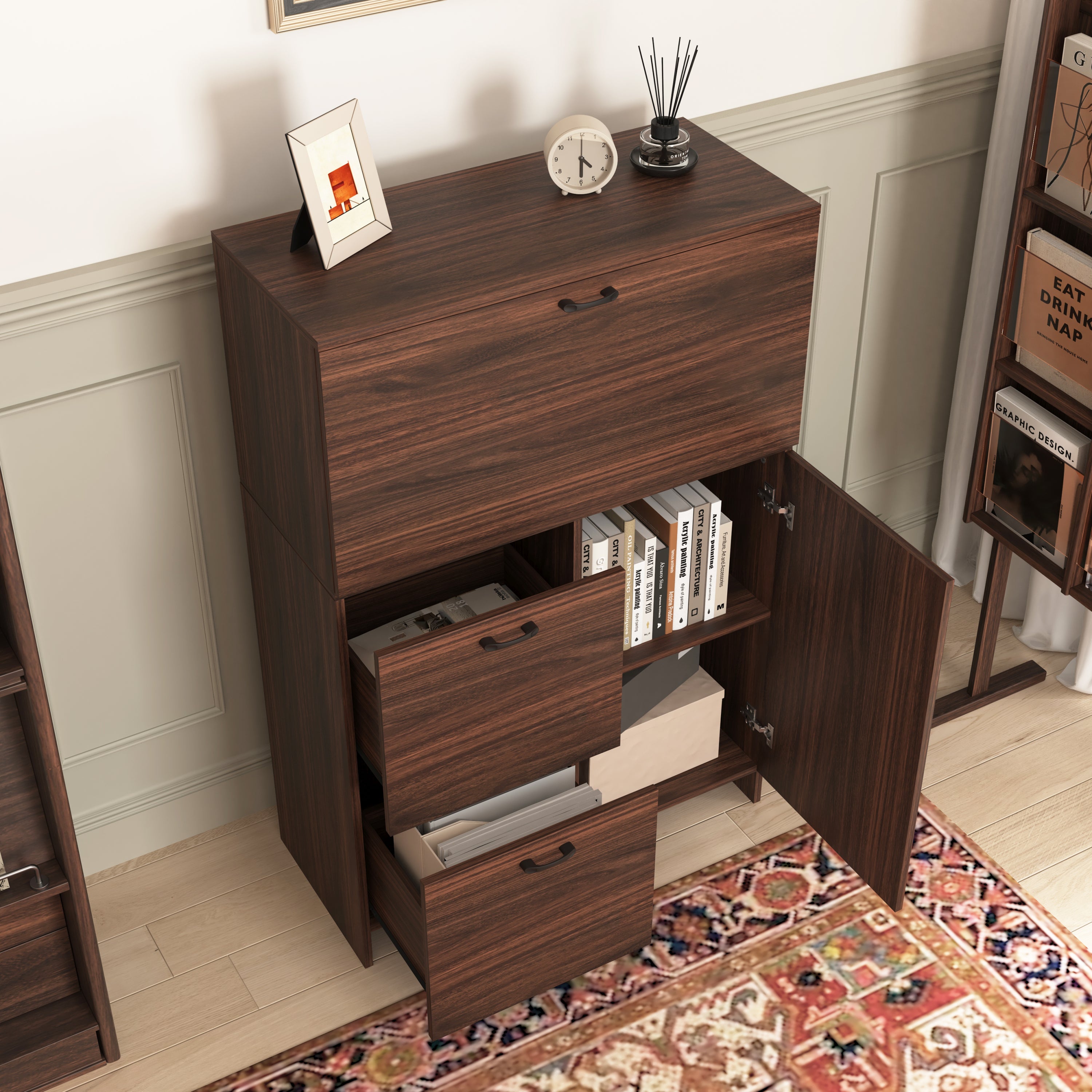 Desk Cabinet, with Storage Drawer & Shelves, Fold-up Desktop, Ideal for Home, Office, Kitchen storage organizer, Dormitory, Small Spaces W31.49'xD13.78'xH47.2' - Grand Goldman Shop