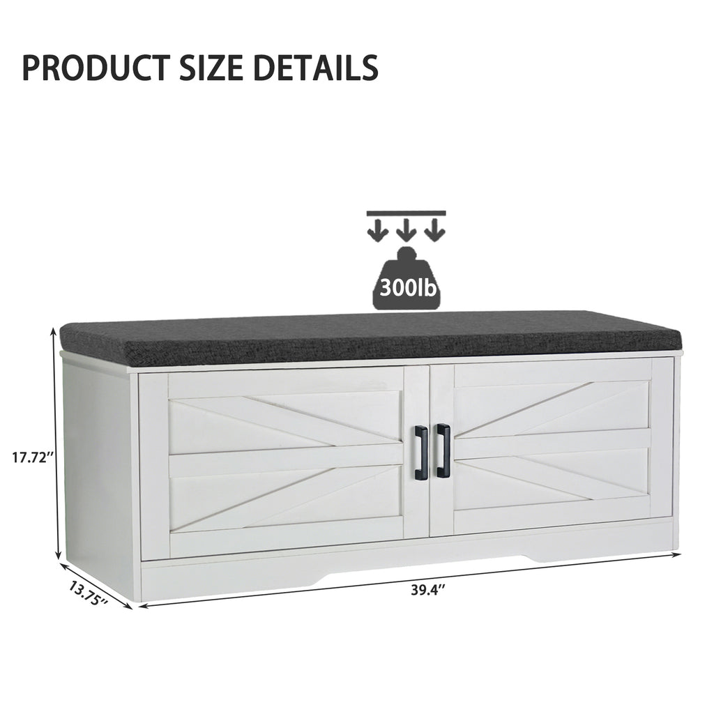 2 Tier Shoe Bench with Padded Seat, 2 Barn Doors and Adjustable Shelves, for Entryway and Living Room, White MDF - Grand Goldman Shop