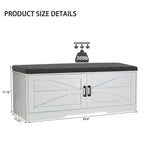 2 Tier Shoe Bench with Padded Seat, 2 Barn Doors and Adjustable Shelves, for Entryway and Living Room, White MDF - Grand Goldman Shop