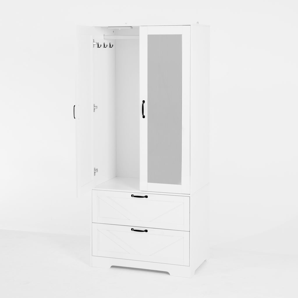 2 Door Wood Wardrobe for Bedroom with Hanging Clothing Rod inside the Cabinet and 2 Drawers for Storage Organization, Built-in induction light Multifunctional Closet with Mirror, White - Grand Goldman Shop