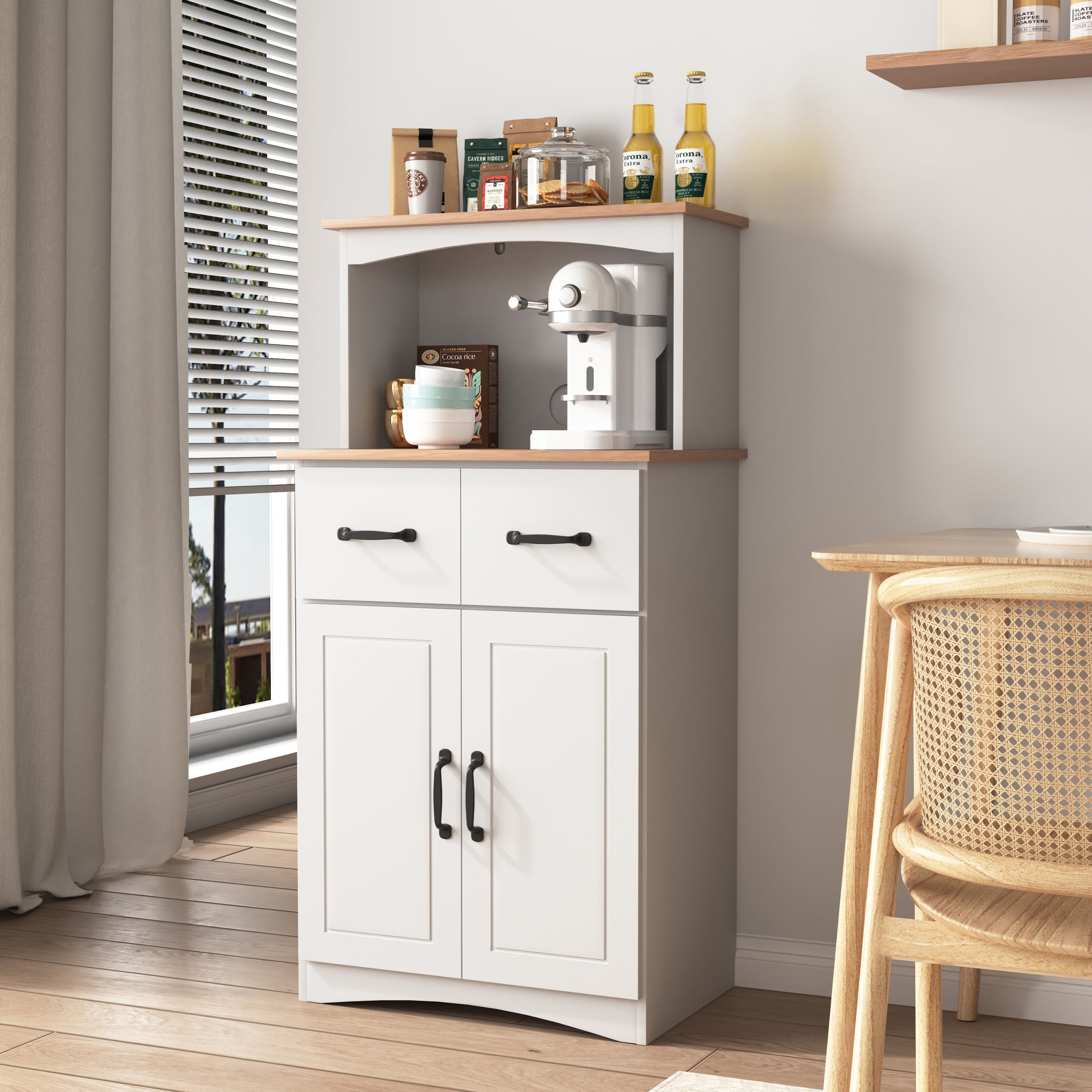 Wooden Kitchen Cabinet White Pantry Storage Microwave Cabinet with Storage Drawer - Grand Goldman Shop