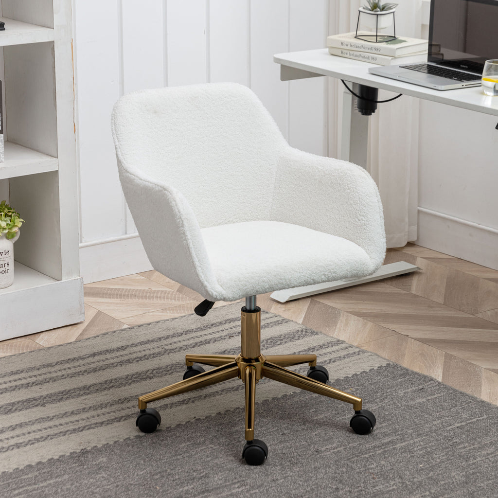 Modern Home Office Chair with Adjustable Height and Gold Metal Legs, White Teddy Fabric | Premium Home Decor - Grand Goldman