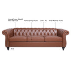 Classic Chesterfield Three Seater Sofa Brown PU Leather with Rolled Arms and Birch Legs 84.65 Inches - Grand Goldman Shop