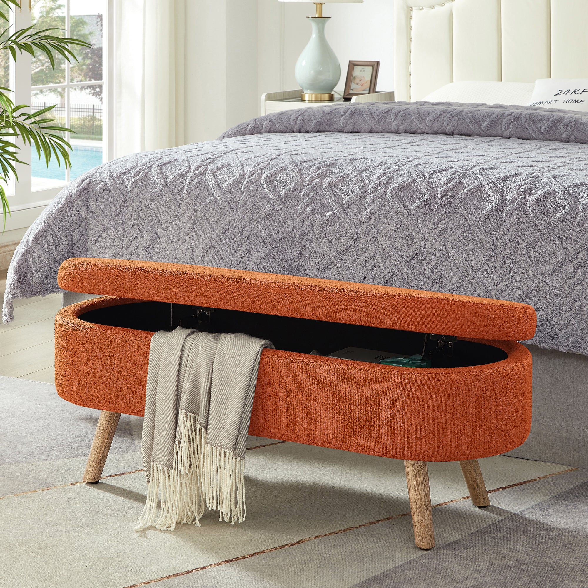 Luxury Oval Boucle Storage Ottoman Bench with Wood Legs 350lb Weight Capacity & Safety Hinge, for Living Room, Bedroom Entryway,ORANGE - Grand Goldman Shop