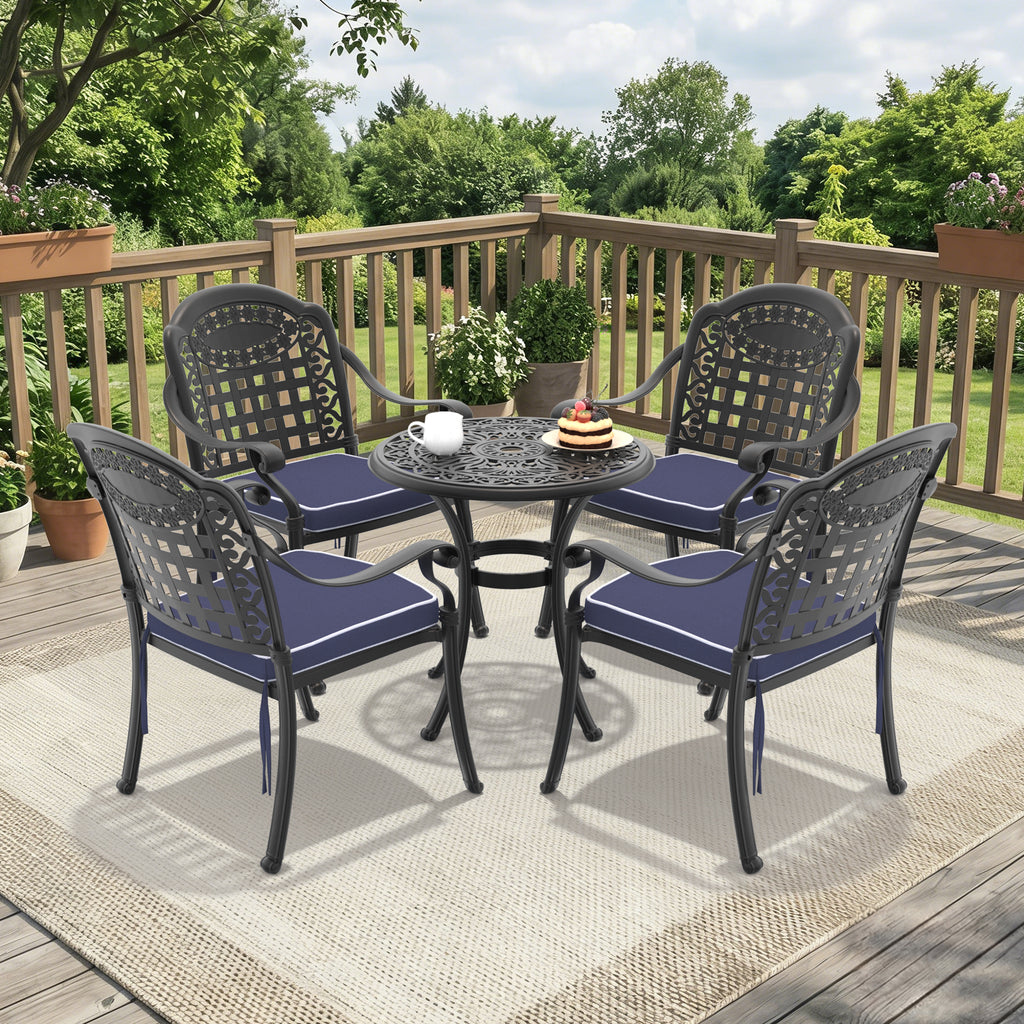 5-Piece Set Of Cast Aluminum Patio Furniture  With Black Frame and Blue Seat Cushions