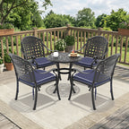 5-Piece Set Of Cast Aluminum Patio Furniture  With Black Frame and Blue Seat Cushions