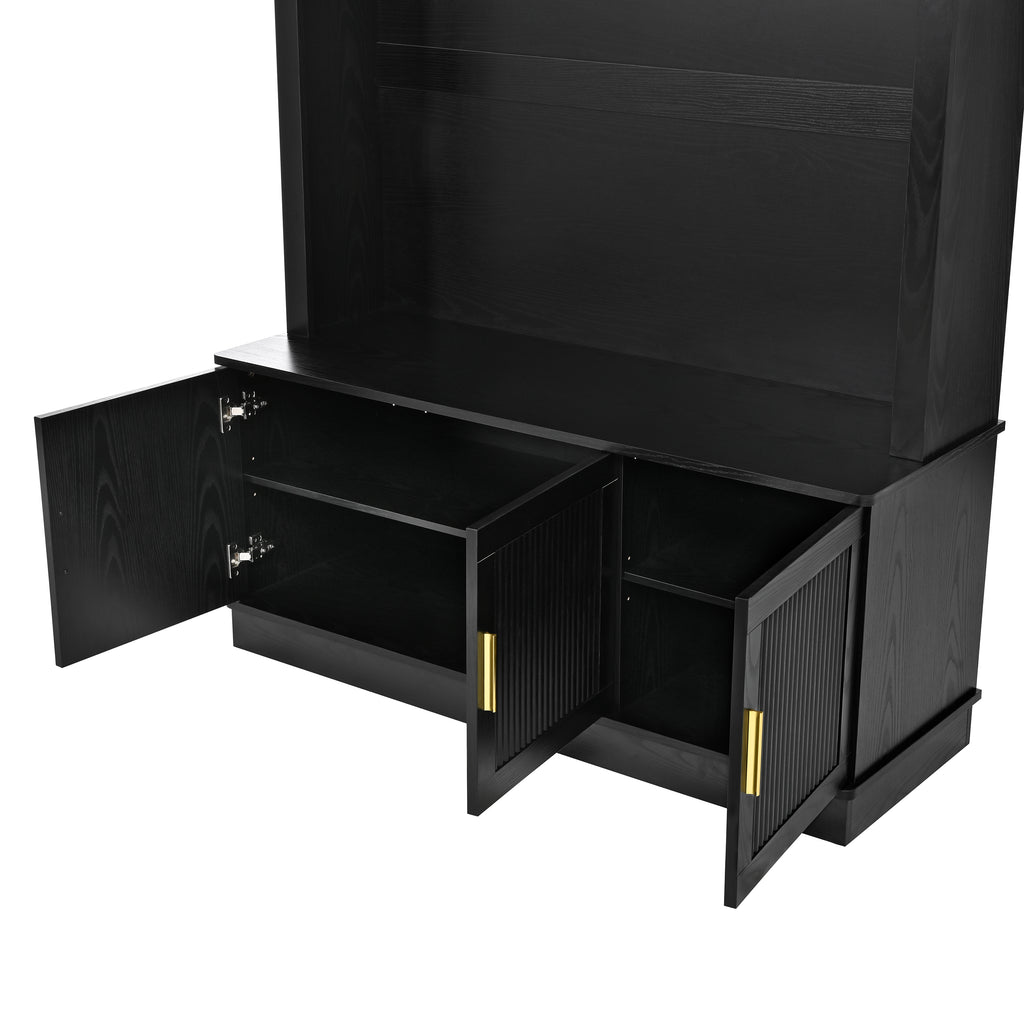 Farmhouse Fabric Arched Top Hall Tree with 5 Metal Hooks, All-in-One Mudroom Furniture with Adjustable Shelves, Mid-Century Fluted Door Entryway Bench with Wood Grain Finish for Hallway, Black - Grand Goldman Shop
