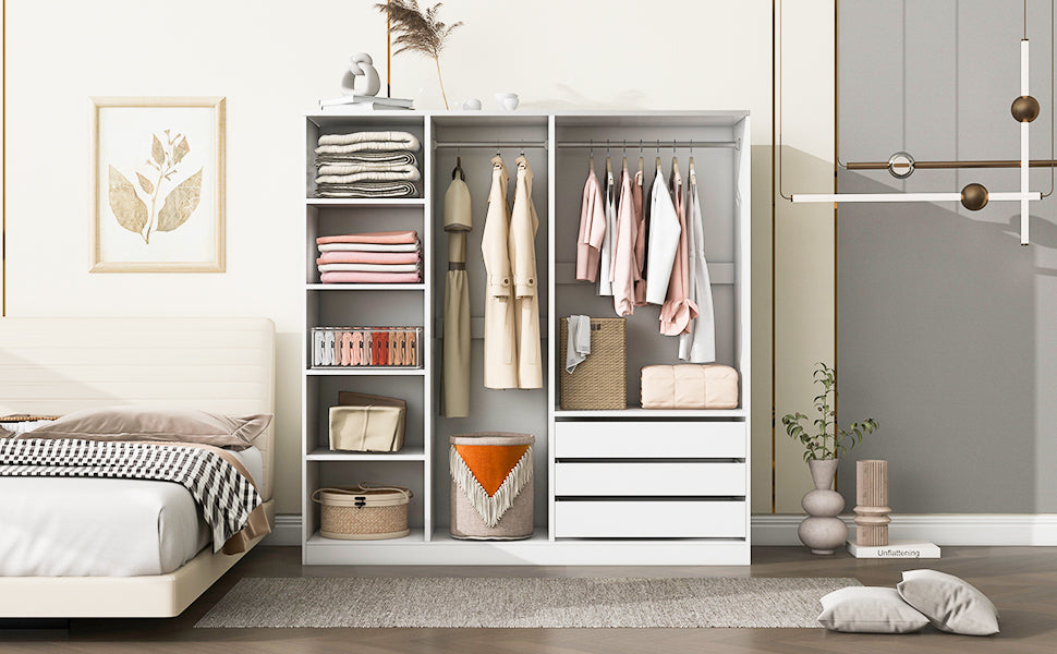 Doorless Wooden Storage Wardrobe for Dedroom with Shelves and 3 Drawers, White - Grand Goldman Shop