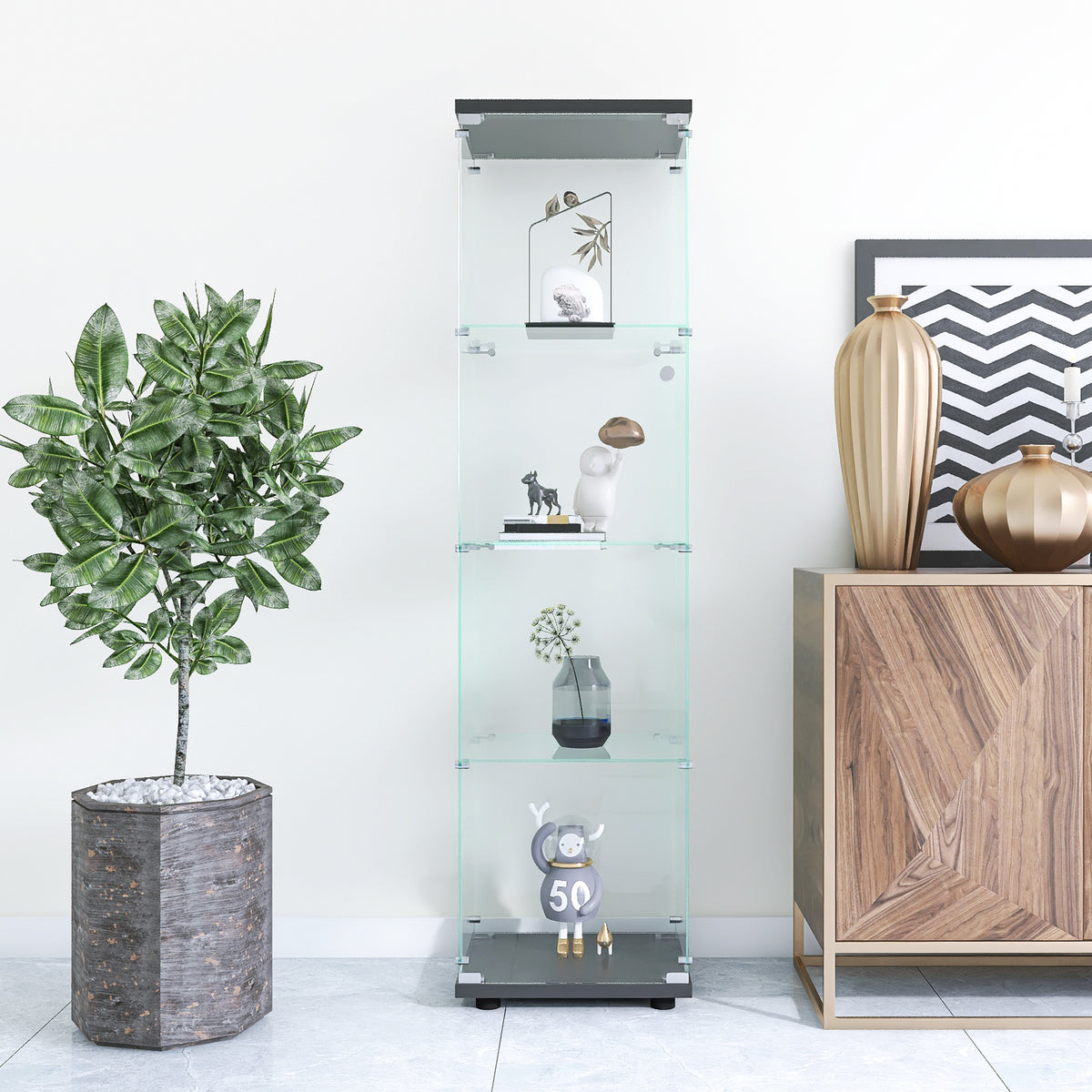 Glass Display Cabinet 4 Shelves with Door, Floor Standing Curio Bookshelf for Living Room Bedroom Office, 64.7'*16.7'*14.3', 