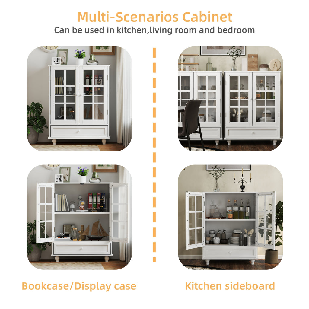 Minimalist White Buffet Cabinet with Double Glass Doors and Drawer, Modern Wooden Storage Sideboard Cupboard for Living room, Dining Room Hallway Entryway - Grand Goldman Shop