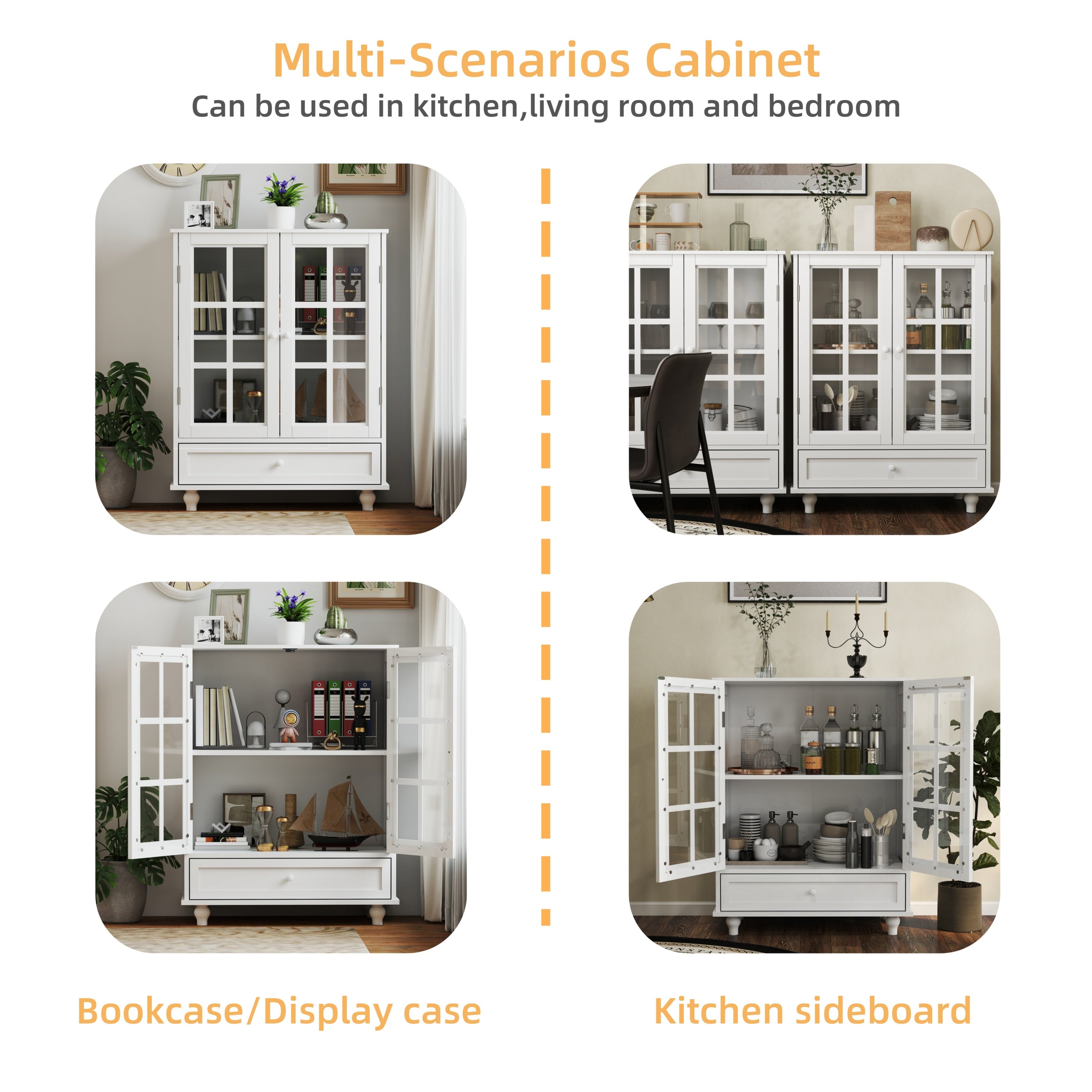 Minimalist White Buffet Cabinet with Double Glass Doors and Drawer, Modern Wooden Storage Sideboard Cupboard for Living room, Dining Room Hallway Entryway - Grand Goldman Shop