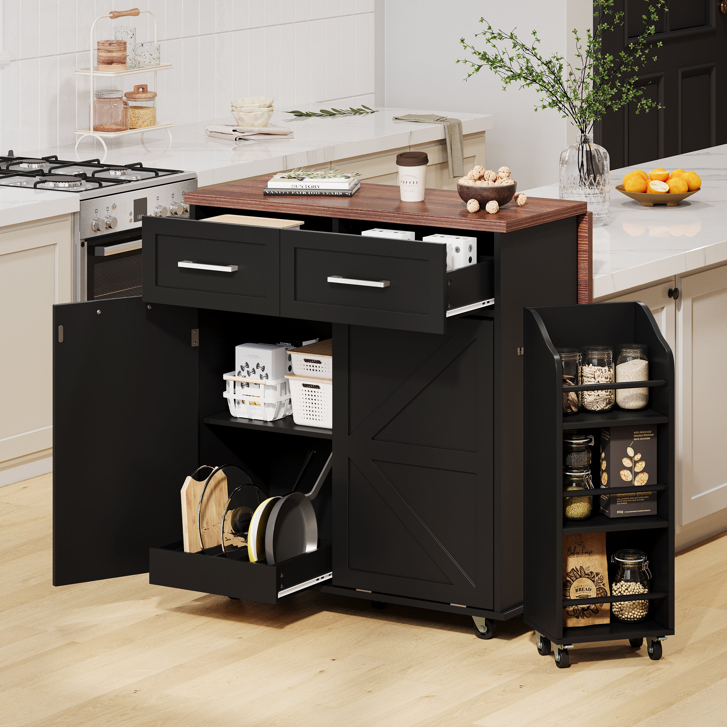 K&K 47.2' Farmhouse Kitchen Island with Drop Leaf, Kitchen Storage Island with Removable Side Racks, Two Drawers, Rolling Kitchen Cart on Wheels with Towel Rack, for Home, Kitchen, Dining Room, Black - Grand Goldman Shop