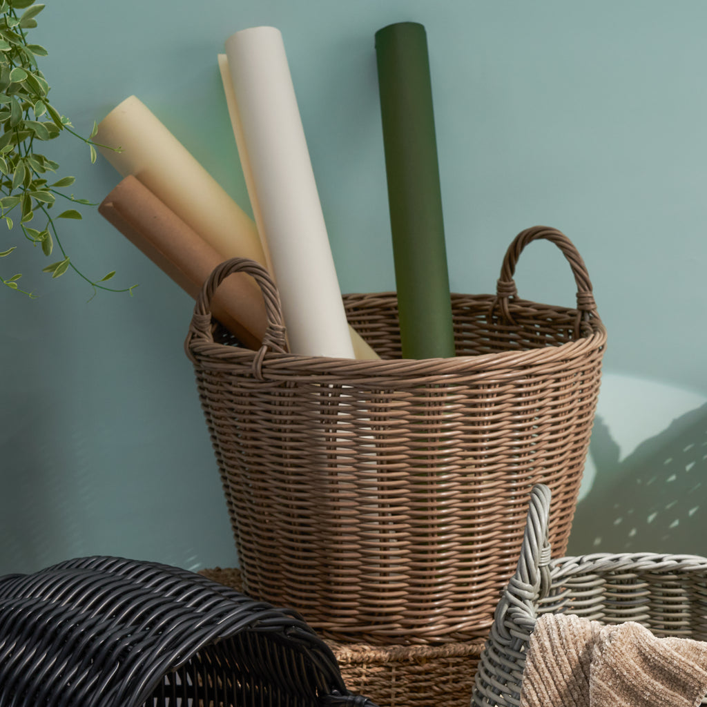 Joseph Round Cone Woven Resin Wicker Basket with Handles - 16' x 16' x 10.5' - Chocolate Brown - For Clothes, Towels, Canvas, Toys, Magazine Storage and Home Decoration - Grand Goldman Shop
