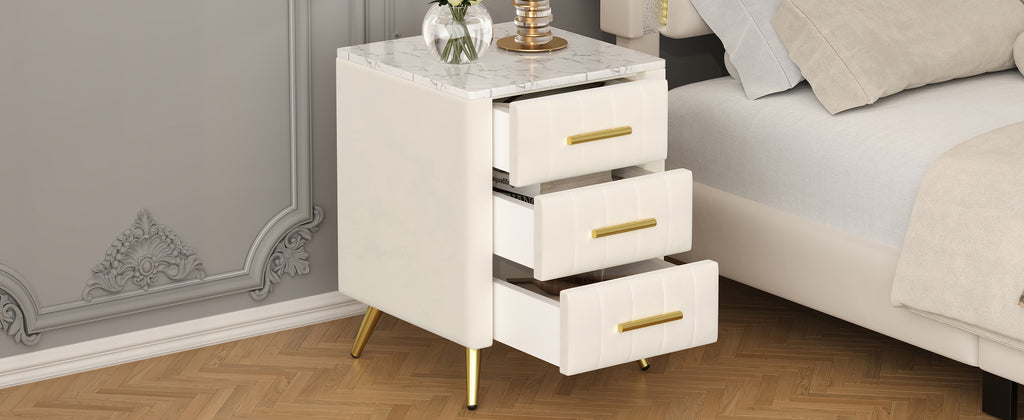 Upholstered Wooden Nightstand with 3 Drawers and Metal Legs&Handles, Bedside Table with Marbling Stickers Worktop - Beige - Grand Goldman Shop