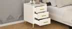 Upholstered Wooden Nightstand with 3 Drawers and Metal Legs&Handles, Bedside Table with Marbling Stickers Worktop - Beige - Grand Goldman Shop