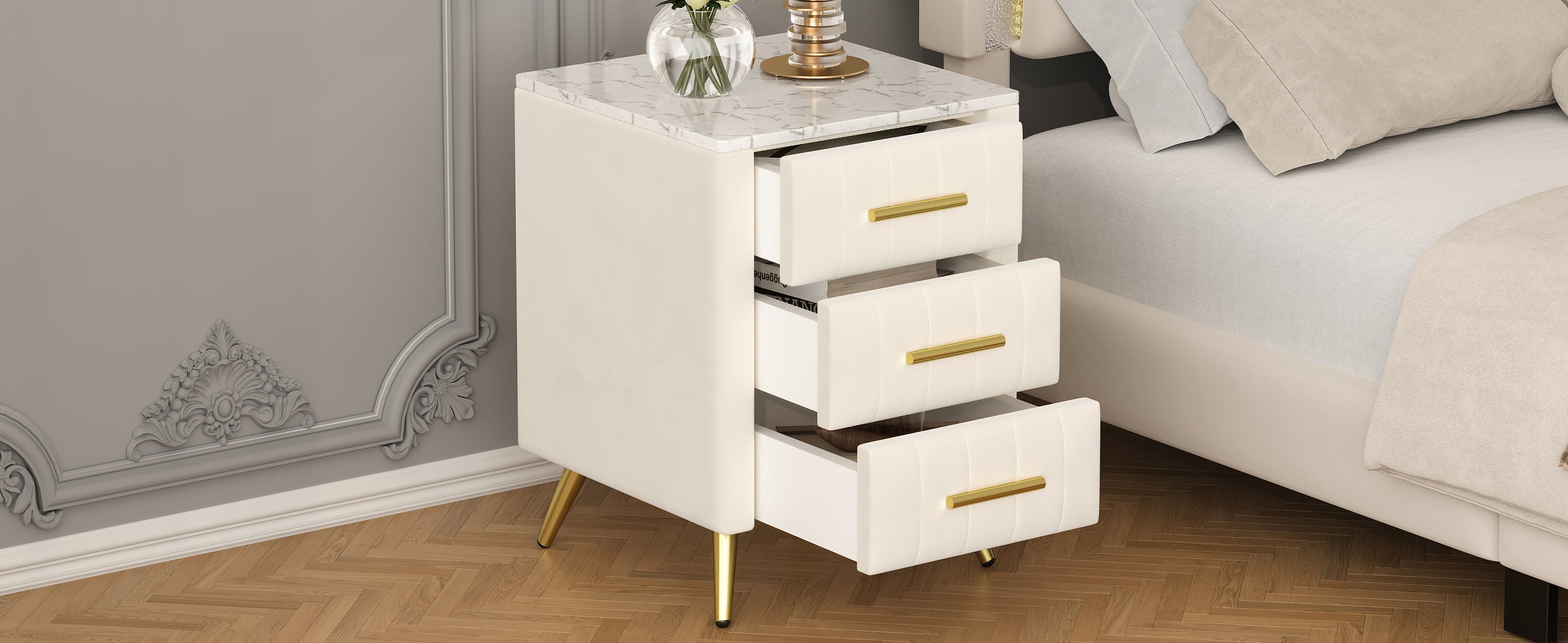 Upholstered Wooden Nightstand with 3 Drawers and Metal Legs&Handles, Bedside Table with Marbling Stickers Worktop - Beige - Grand Goldman Shop