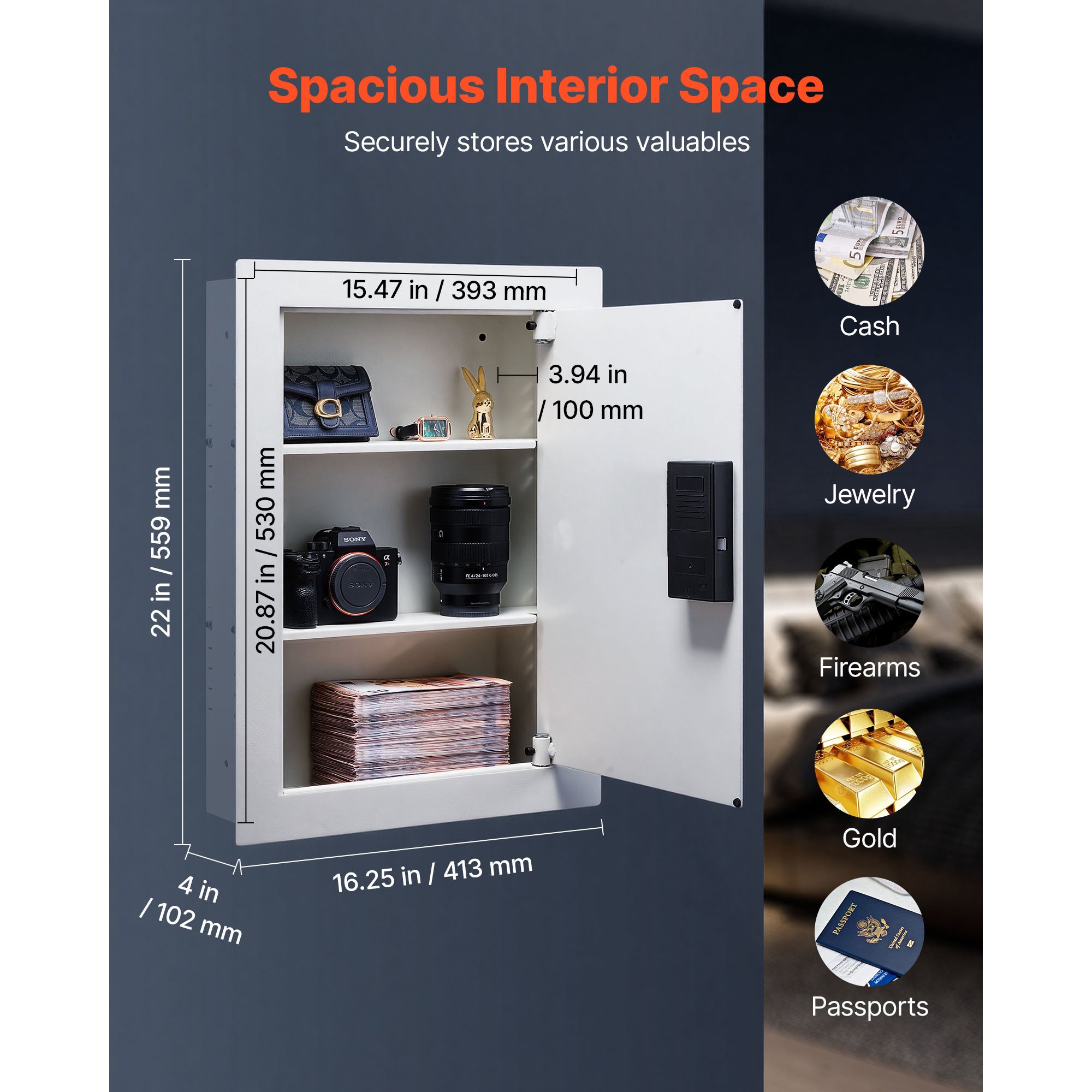 0.83 sq.ft Wall Safe, 3-Tier Hidden Wall Safe with Password, Key & Turning Knob, Q235 Cold-Rolled Steel In-Wall Box with Adju