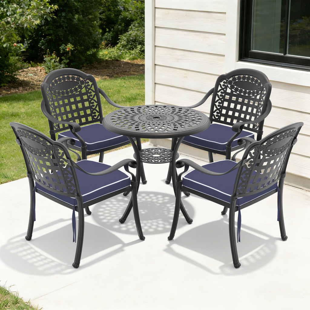 5-Piece Set Of Cast Aluminum Patio Furniture With Black Frame and Blue Seat Cushions