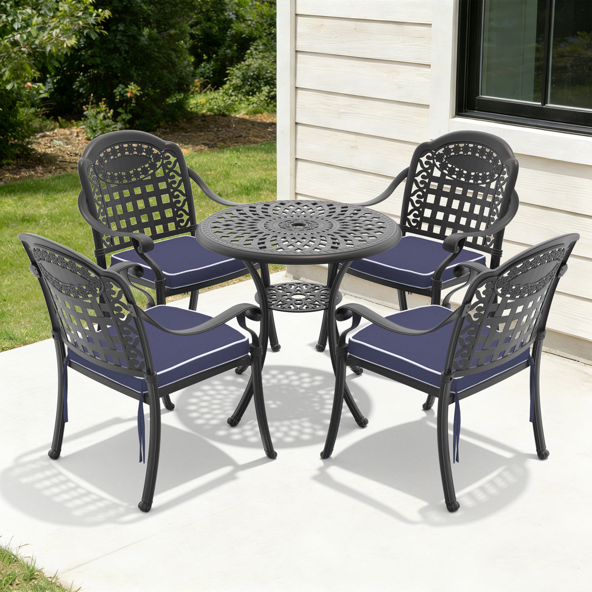 5-Piece Set Of Cast Aluminum Patio Furniture With Black Frame and Blue Seat Cushions