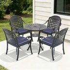 5-Piece Set Of Cast Aluminum Patio Furniture With Black Frame and Blue Seat Cushions