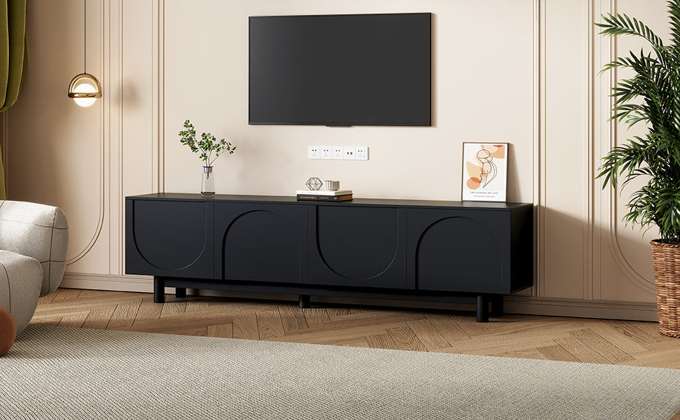 ON-TREND Graceful TV Stand with Arch Cabinets for TVs Up to 78'', Minimalist Entertainment Center with Solid Wood Legs, Practical Media Console with Adjustable Shelves for Living Room, Black - Grand Goldman Shop