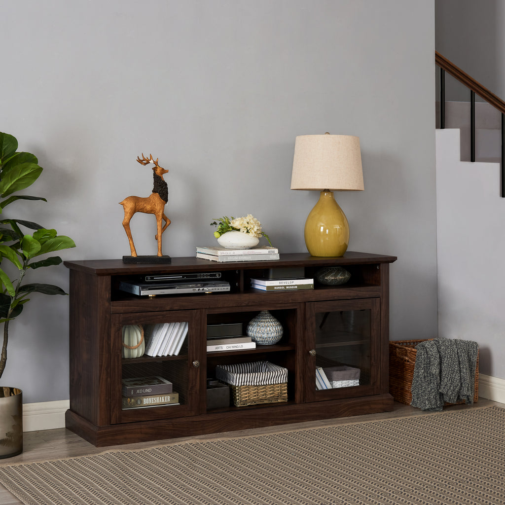 Modern TV Stand for up to 65 Inch TVs, Entertainment Center Farmhouse TV Cabinet Media Console Table with Glass Doors for Living Room, Brown 60'W*15.75'D*29'H - Grand Goldman Shop