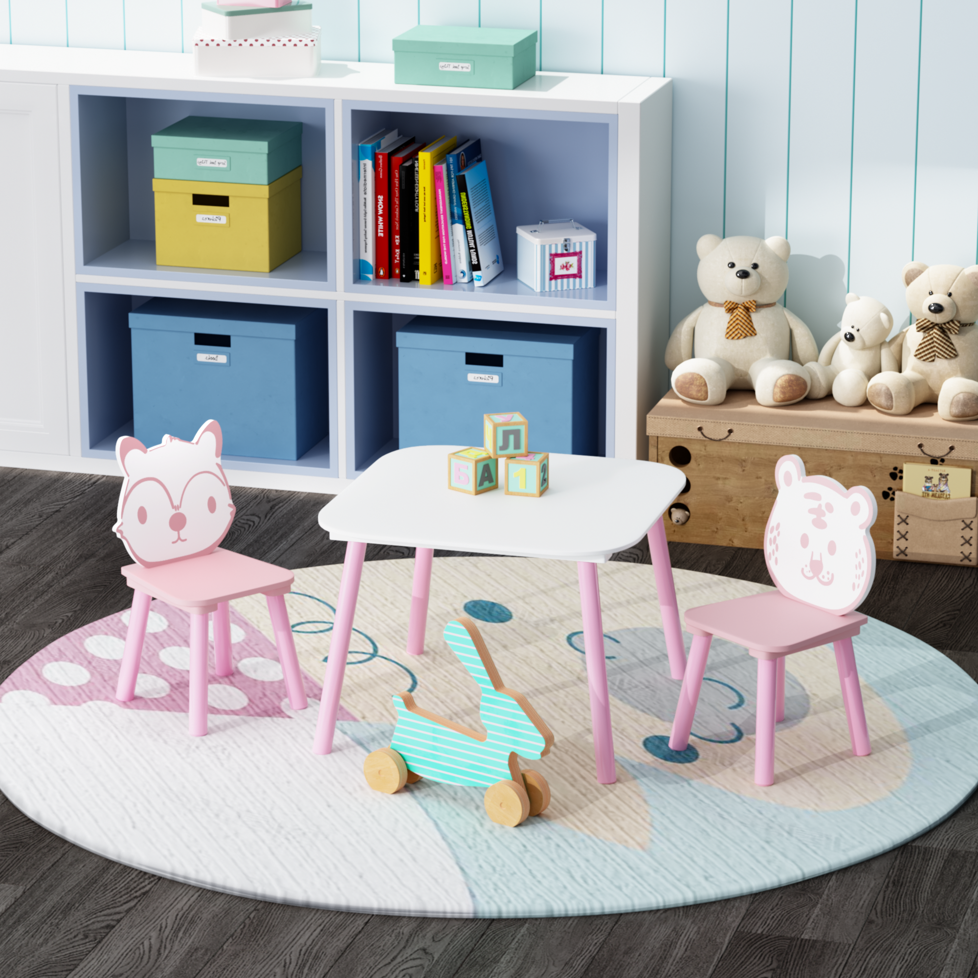 Kids Table and Chair Set, 3-Piece Wooden Toddler Desk with Animal Backrest, Activity Table for Drawing, Learning,Playroom or 