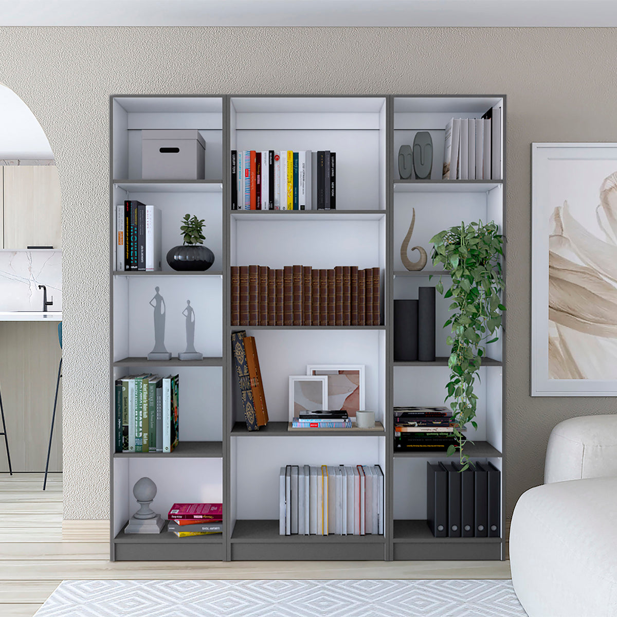 Davie 3 Piece Home Bookcase set, 60' Wide with 14 Shelves ,  Living Room Set Set Matt Gray - White - Grand Goldman