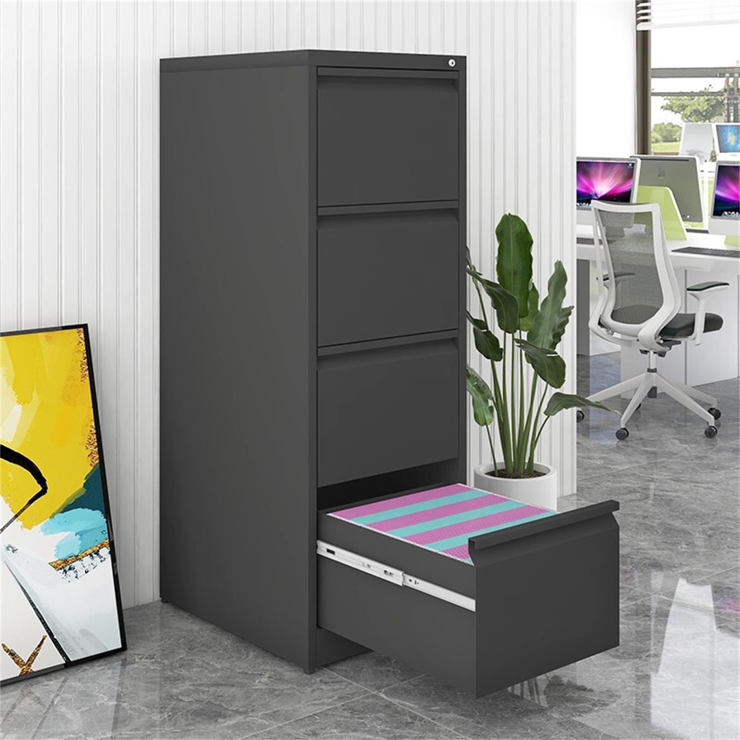 Stylish 4 Drawer Vertical File Cabinet with Lock for Home Office Organizer, Black Metal Filing Cabinet, Letter/A4/Legal Size 