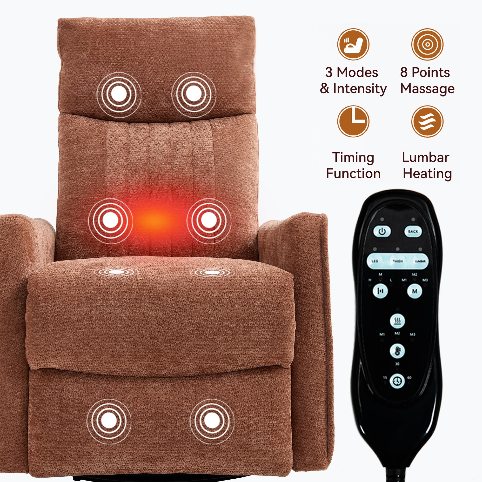 Orange Heat Massage Manual Recliner Chair with Rocker and Swivel in Fabric for Living Room - Grand Goldman Shop