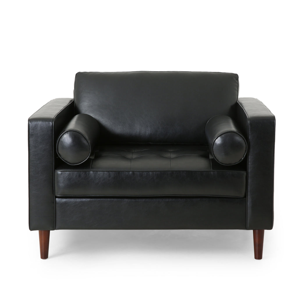 Sophisticated Faux Leather Club Chair with Birch Wood Legs in Black, 44.75 x 33.25 x 33.50 inches - Grand Goldman Shop