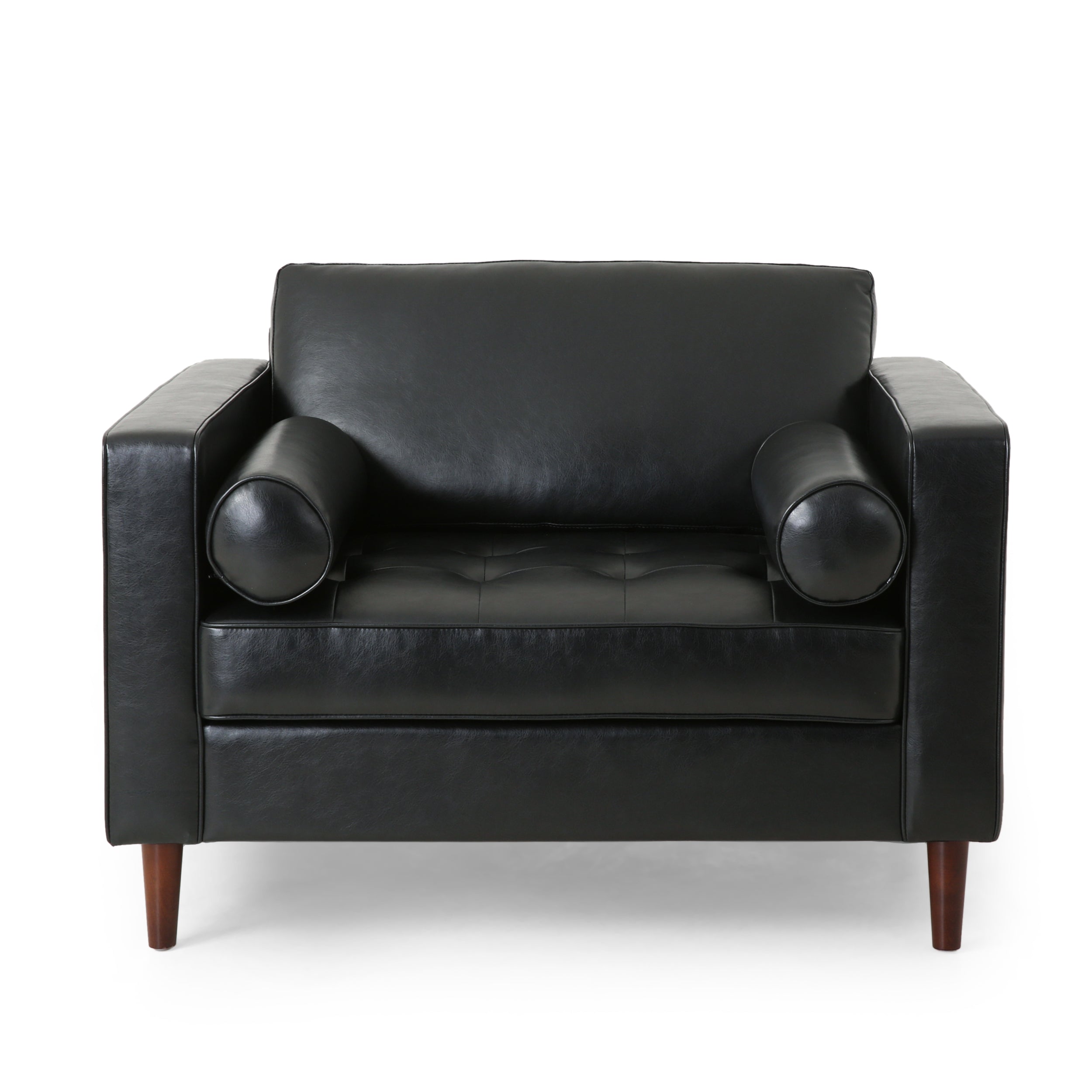Sophisticated Faux Leather Club Chair with Birch Wood Legs in Black, 44.75 x 33.25 x 33.50 inches - Grand Goldman Shop