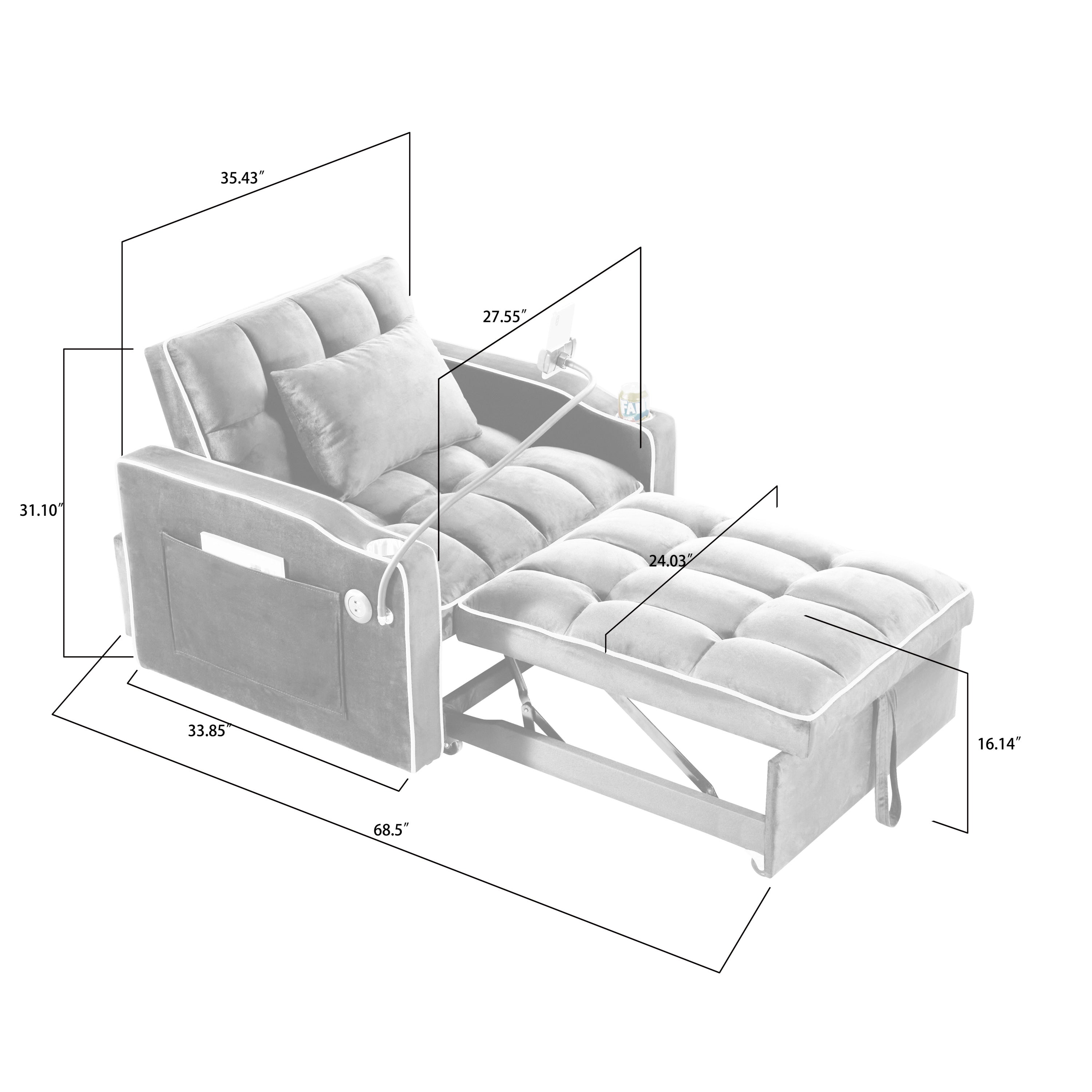 Convertible Sleeper Chair Sofa Bed with Multi-Pockets, Adjustable Pull Out Sofa for Small Spaces, Black Velvet - Grand Goldman Shop