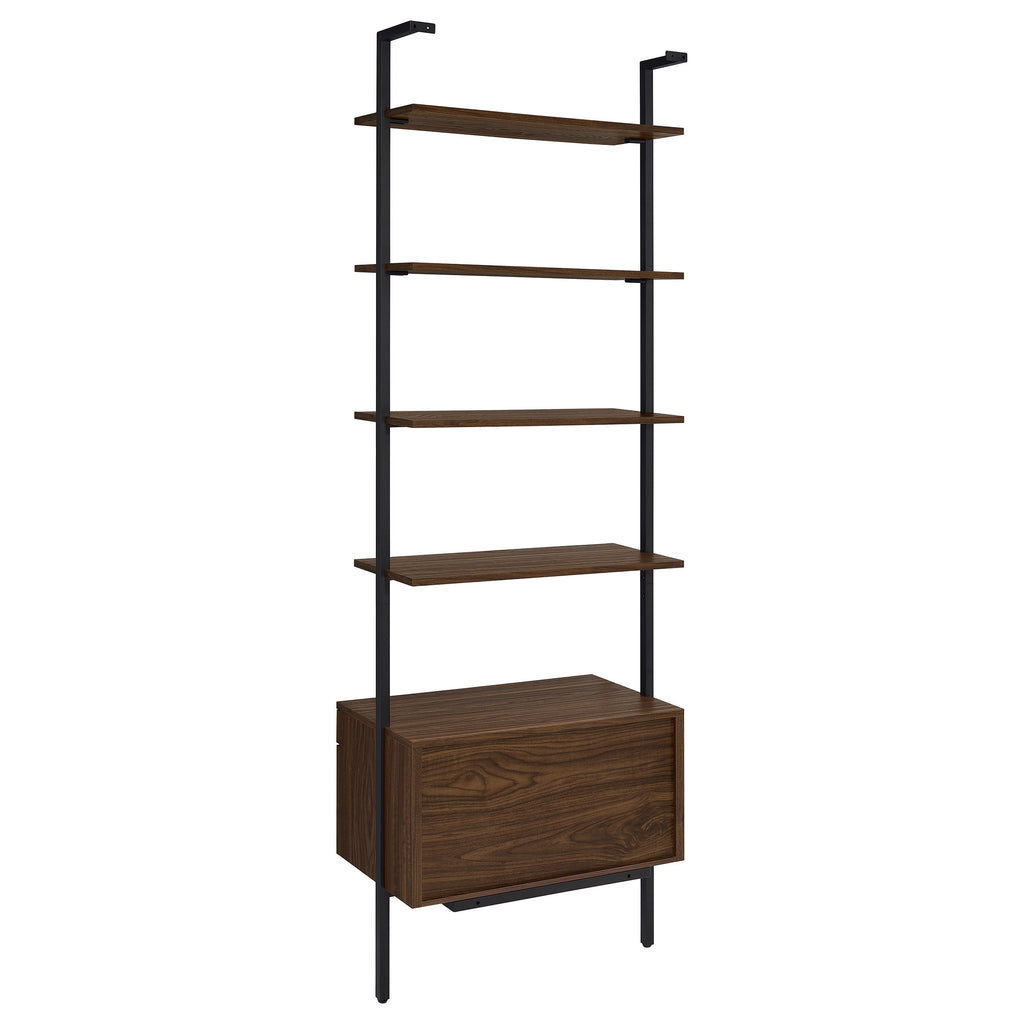 Wendell Walnut 4-Shelf Storage Wall Bookshelf with Drawer - Modern Industrial Style, Walnut Finish, Engineered Wood, 96in H x