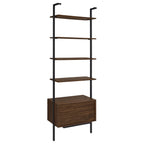 Wendell Walnut 4-Shelf Storage Wall Bookshelf with Drawer - Modern Industrial Style, Walnut Finish, Engineered Wood, 96in H x