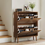 Medieval Modern Independent Shoe Cabinet with 2 Flip Drawers, Walnut MDF, 31.5-inch - Grand Goldman Shop