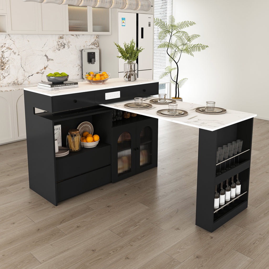 Retro Kitchen Island with Extendable Rotating Table, Black Marble Veneer on MDF, 4 Drawers & Glass Door Cabinets, Built-in Socket, Fits 2-4 People - Grand Goldman Shop