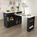 Retro Kitchen Island with Extendable Rotating Table, Black Marble Veneer on MDF, 4 Drawers & Glass Door Cabinets, Built-in Socket, Fits 2-4 People - Grand Goldman Shop