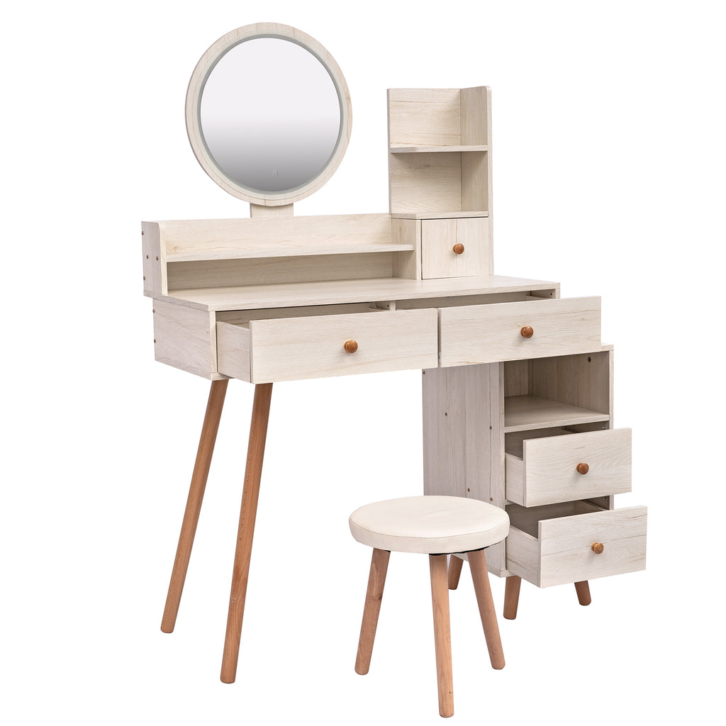 CRAZY ELF Stylish Vanity Table + Cushioned Stool, Touch Control LED Mirror, Large Capacity Storage Cabinet, 5 Drawers, Fashionable Makeup Furniture, Length Adjustable(L31.5'-43.2'x W15.8' x H48.1') - Grand Goldman Shop
