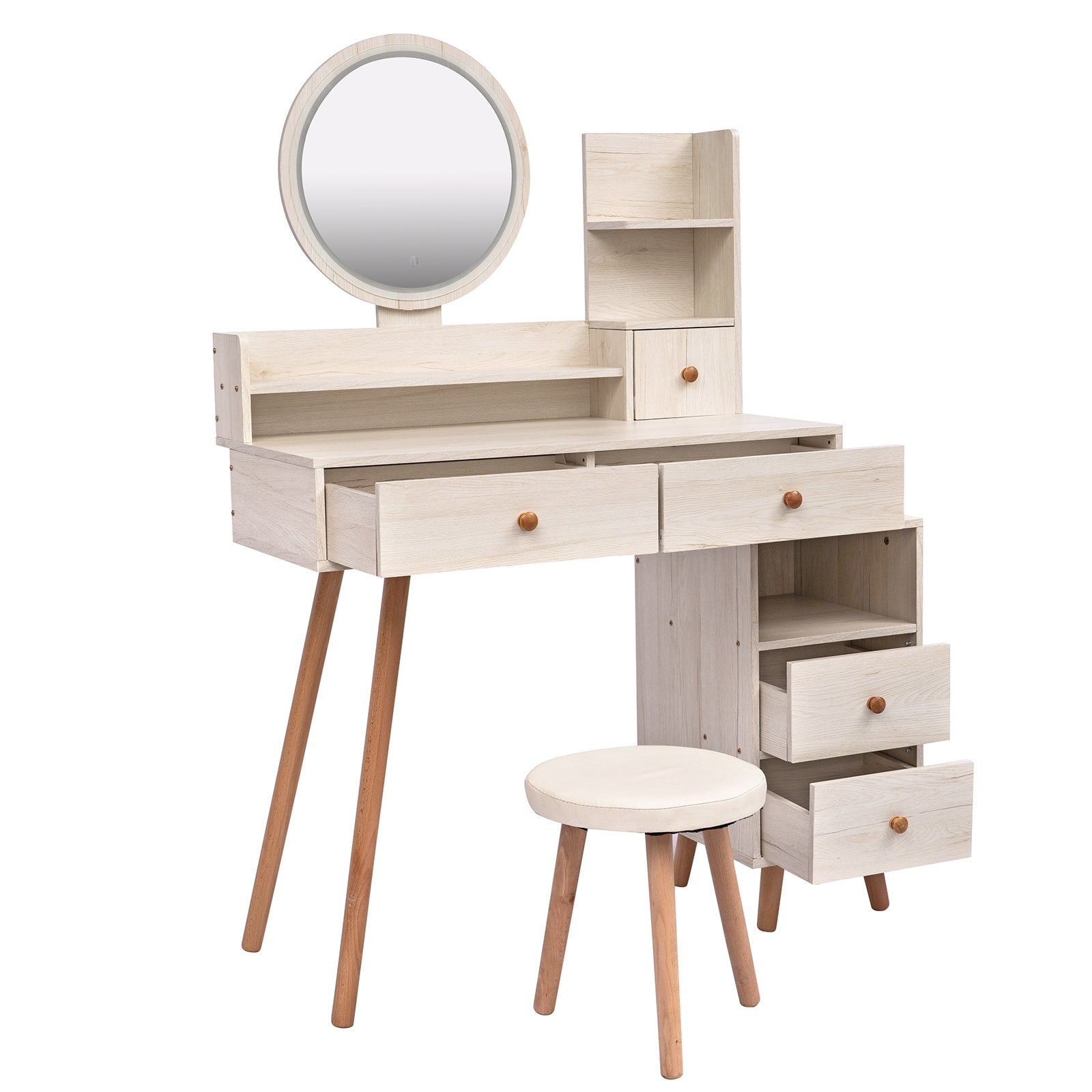 CRAZY ELF Stylish Vanity Table + Cushioned Stool, Touch Control LED Mirror, Large Capacity Storage Cabinet, 5 Drawers, Fashionable Makeup Furniture, Length Adjustable(L31.5'-43.2'x W15.8' x H48.1') - Grand Goldman Shop