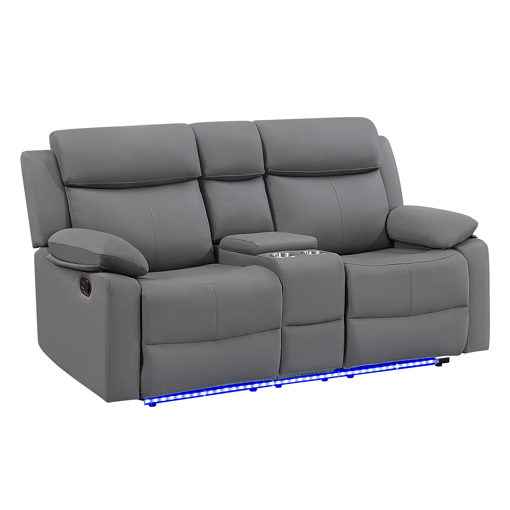 Blanche Grey 2PC Reclining Sofa and Loveseat with LED Lights and Speakers in Grey Upholstered Fabric, Medium Firm Seating, Includes Console Storage and Integrated Speakers - Grand Goldman Shop